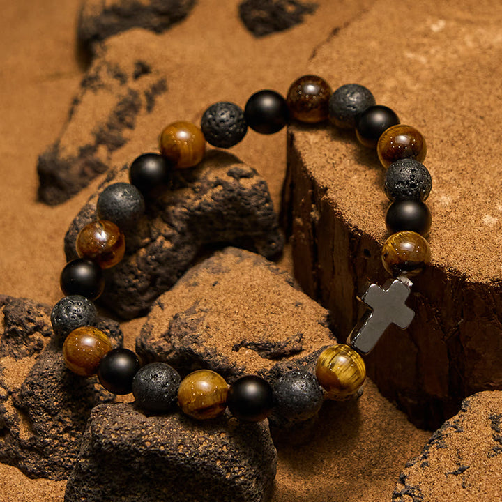Bracciale con croce in perline di pietra lavica e occhio di tigre Olivenorma