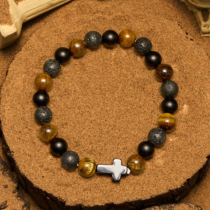Bracciale con croce in perline di pietra lavica e occhio di tigre Olivenorma