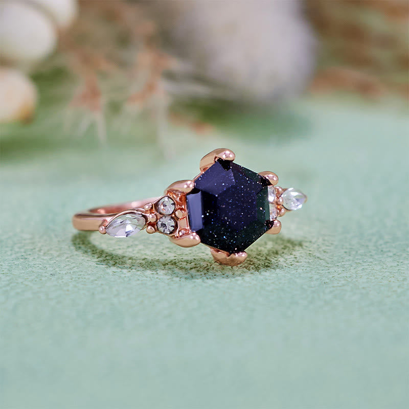 Anello di fidanzamento Olivenorma con foglia di moissanite in arenaria blu taglio esagonale