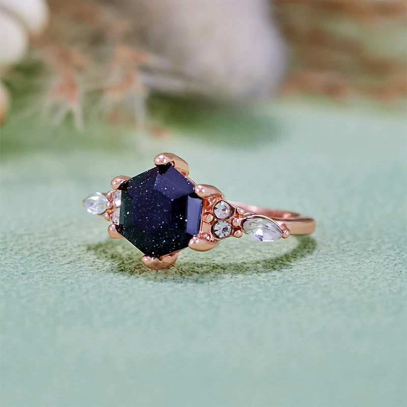 Anello di fidanzamento Olivenorma con foglia di moissanite in arenaria blu taglio esagonale