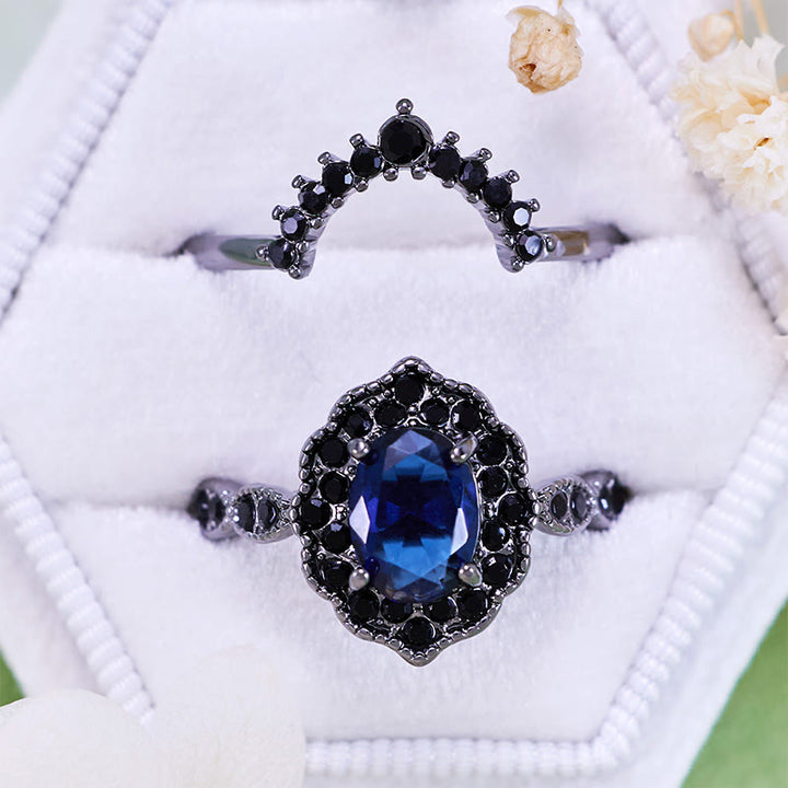Olivenorma Parure da sposa floreale con zaffiro ovale in oro nero