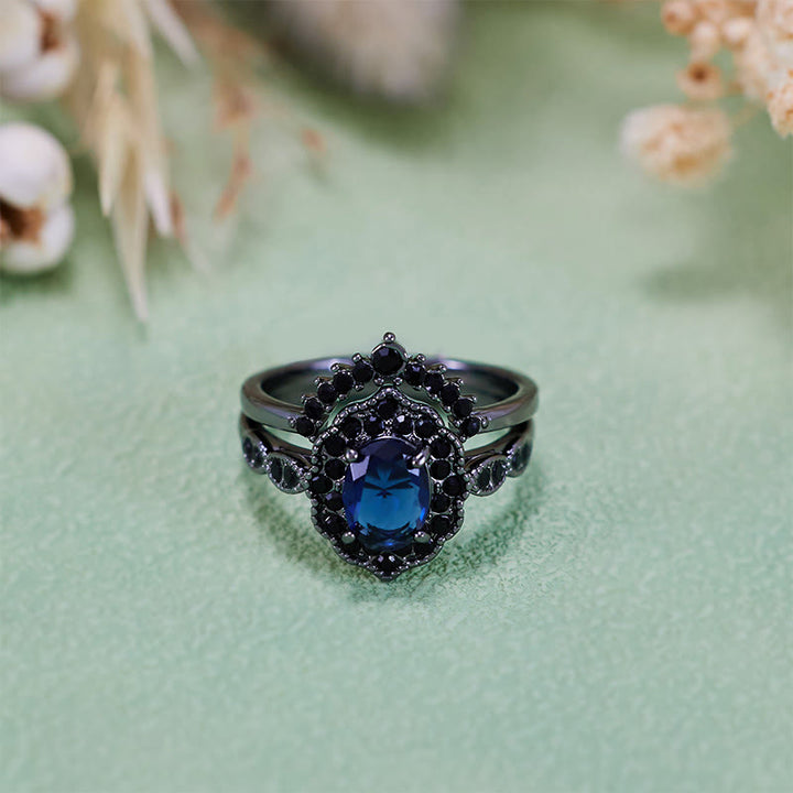 Olivenorma Parure da sposa floreale con zaffiro ovale in oro nero