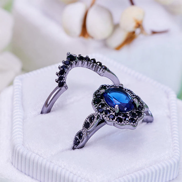 Olivenorma Parure da sposa floreale con zaffiro ovale in oro nero
