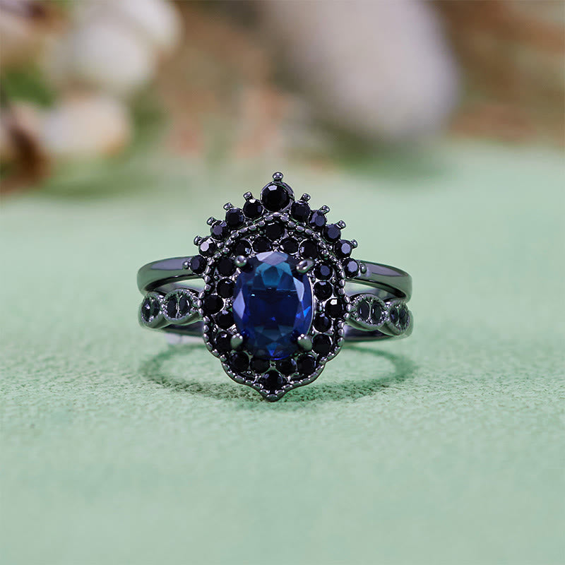 Olivenorma Parure da sposa floreale con zaffiro ovale in oro nero