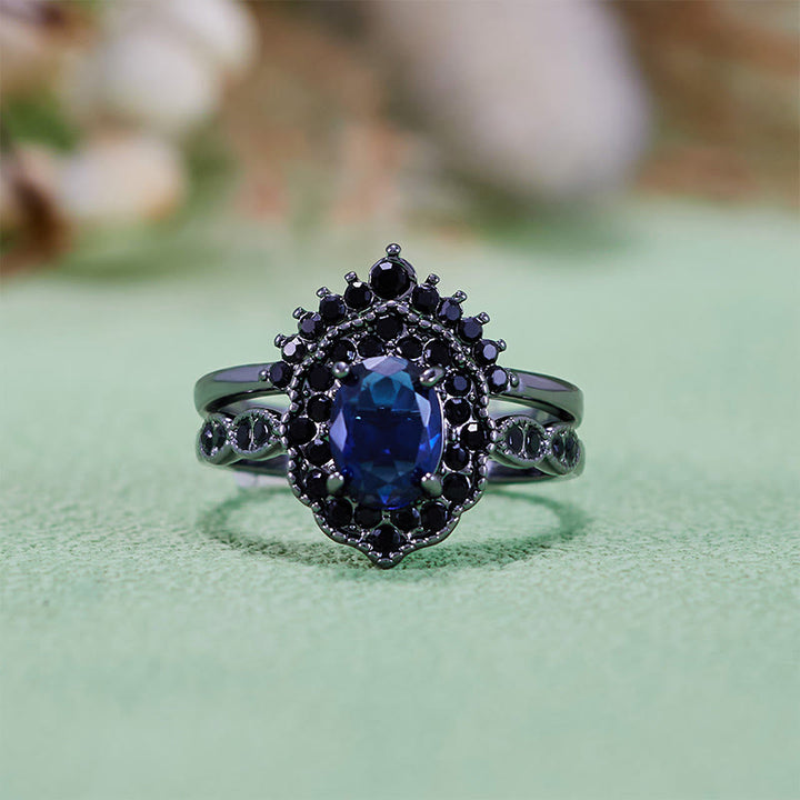 Olivenorma Parure da sposa floreale con zaffiro ovale in oro nero