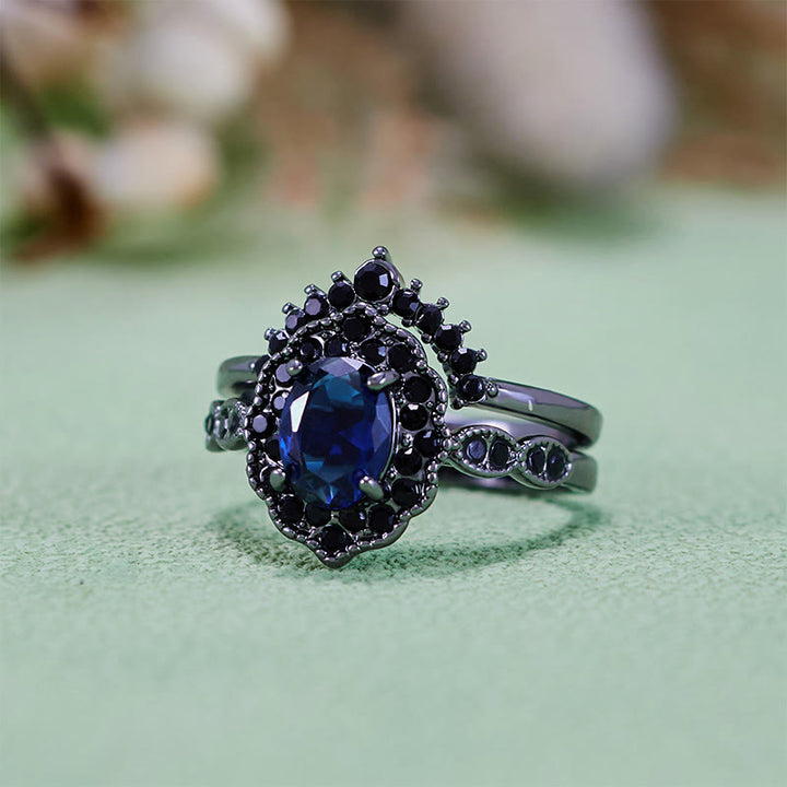 Olivenorma Parure da sposa floreale con zaffiro ovale in oro nero