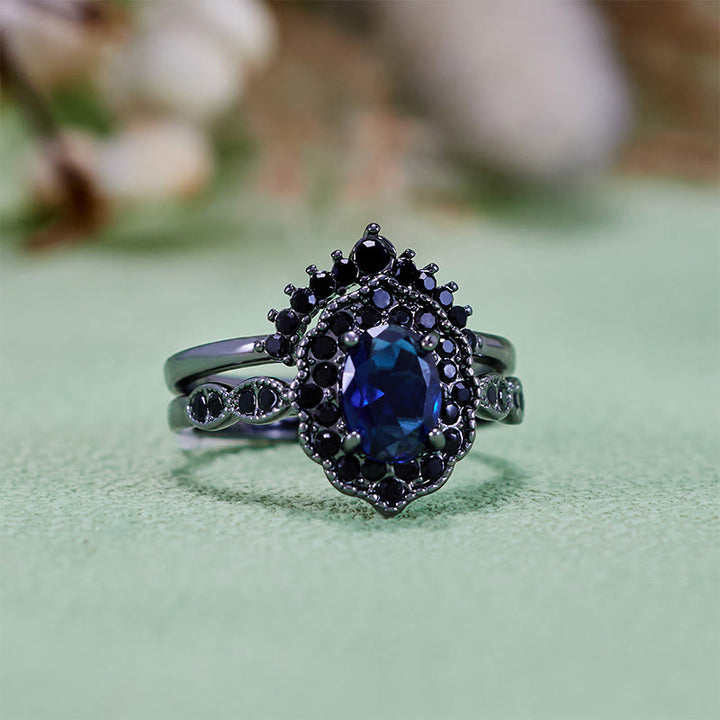 Olivenorma Parure da sposa floreale con zaffiro ovale in oro nero