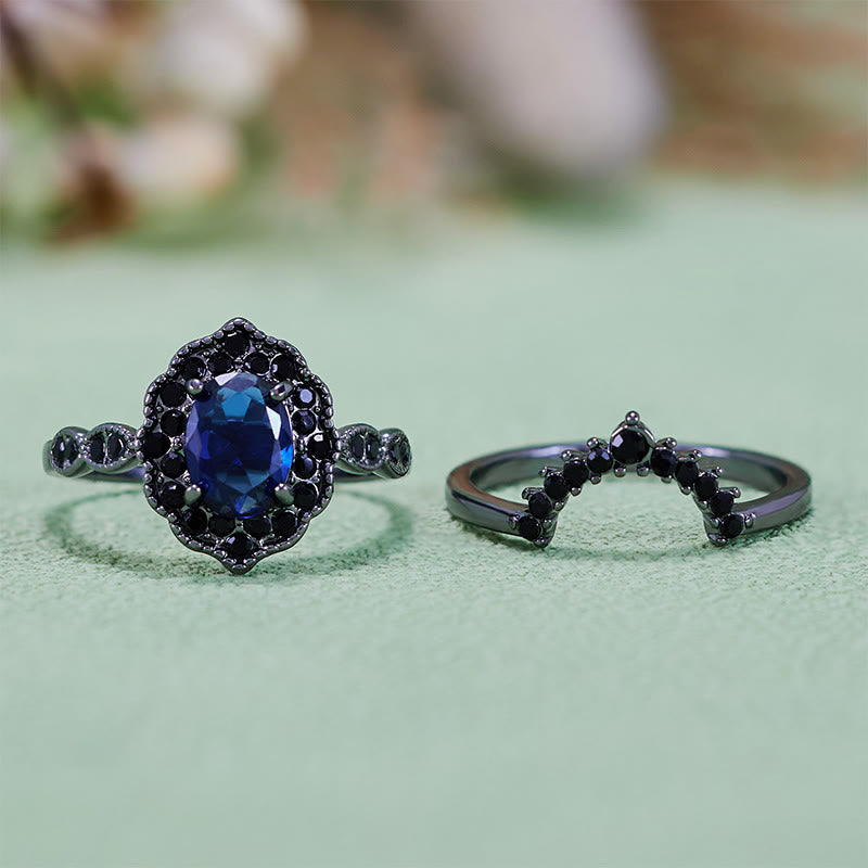 Olivenorma Parure da sposa floreale con zaffiro ovale in oro nero