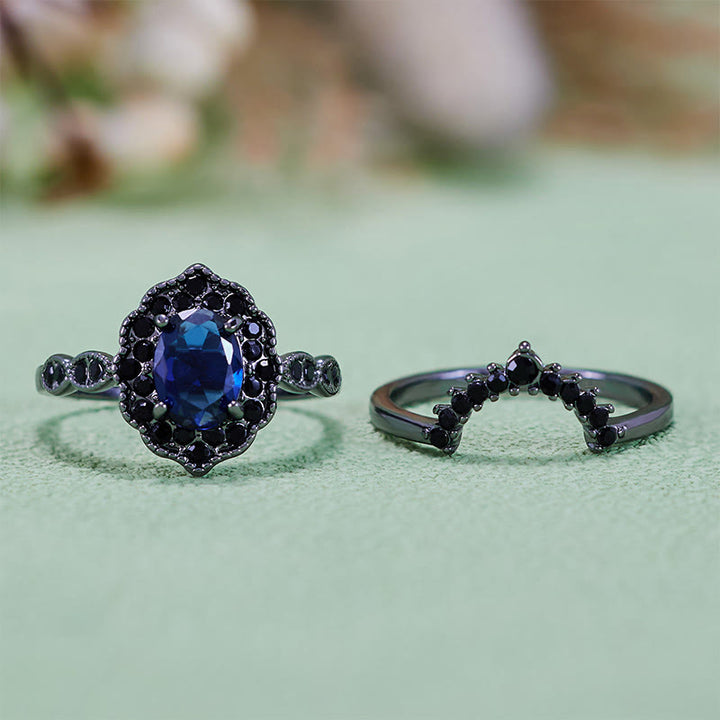 Olivenorma Parure da sposa floreale con zaffiro ovale in oro nero