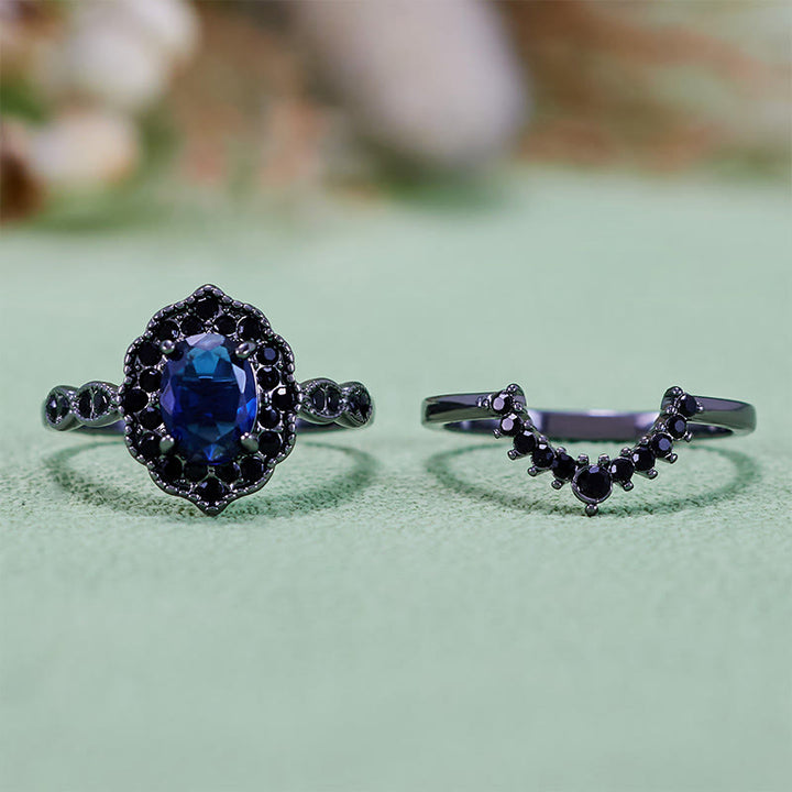 Olivenorma Parure da sposa floreale con zaffiro ovale in oro nero