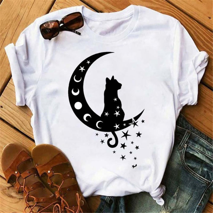 Maglietta stampata Olivenorma Cotton Moon Black Cat Lotus