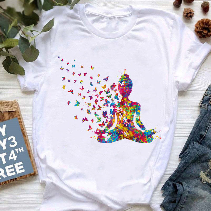 Olivenorma - Maglietta stampata con Buddha colorato e meditazione yoga
