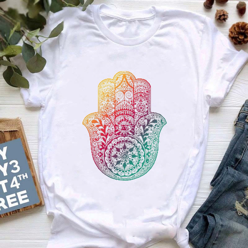 Olivenorma Buddha Yoga Meditazione Top T-shirt stampata colorata - Hamsa viola-verde - 2XL - image 6