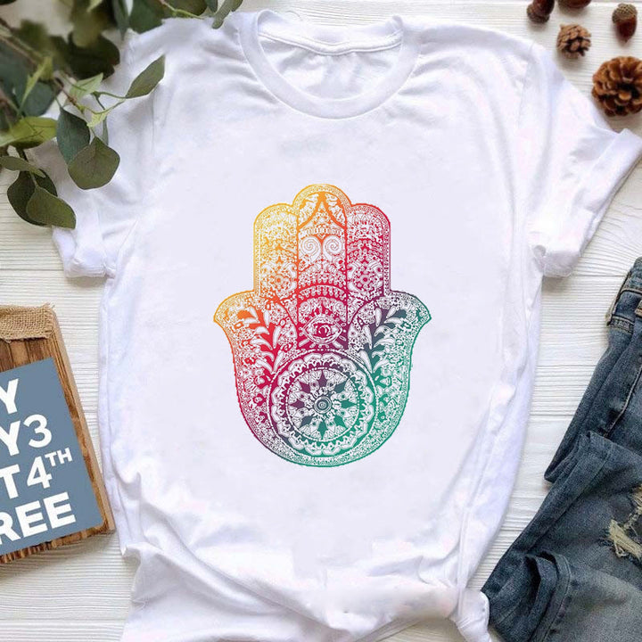 Olivenorma Buddha Yoga Meditazione Top T-shirt stampata colorata - Hamsa viola-verde - 2XL - image 6