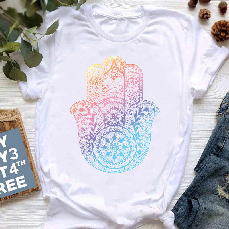 Olivenorma Buddha Yoga Meditazione Top T-shirt stampata colorata - Hamsa blu-rosa - 2XL - image 5