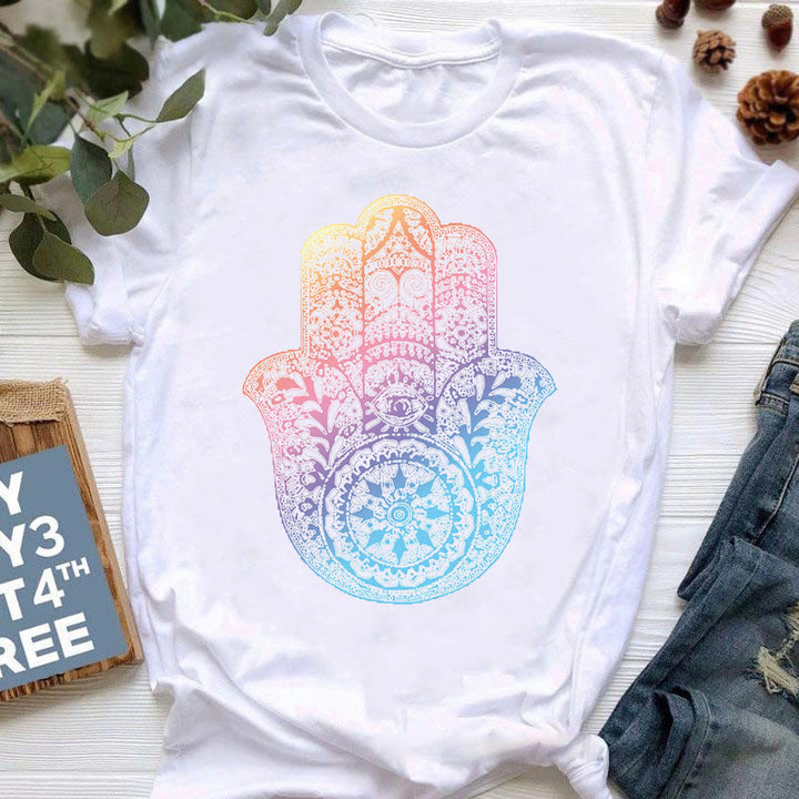 Olivenorma Buddha Yoga Meditazione Top T-shirt stampata colorata - Hamsa blu-rosa - 2XL - image 5