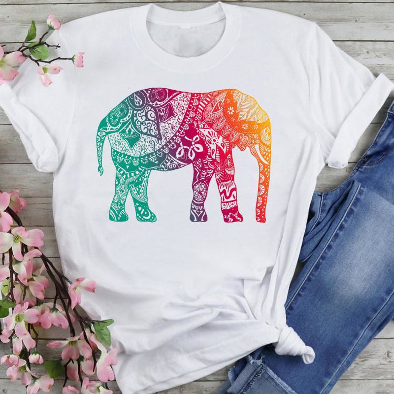 Maglietta Olivenorma in cotone con stampa di elefante e loto colorato