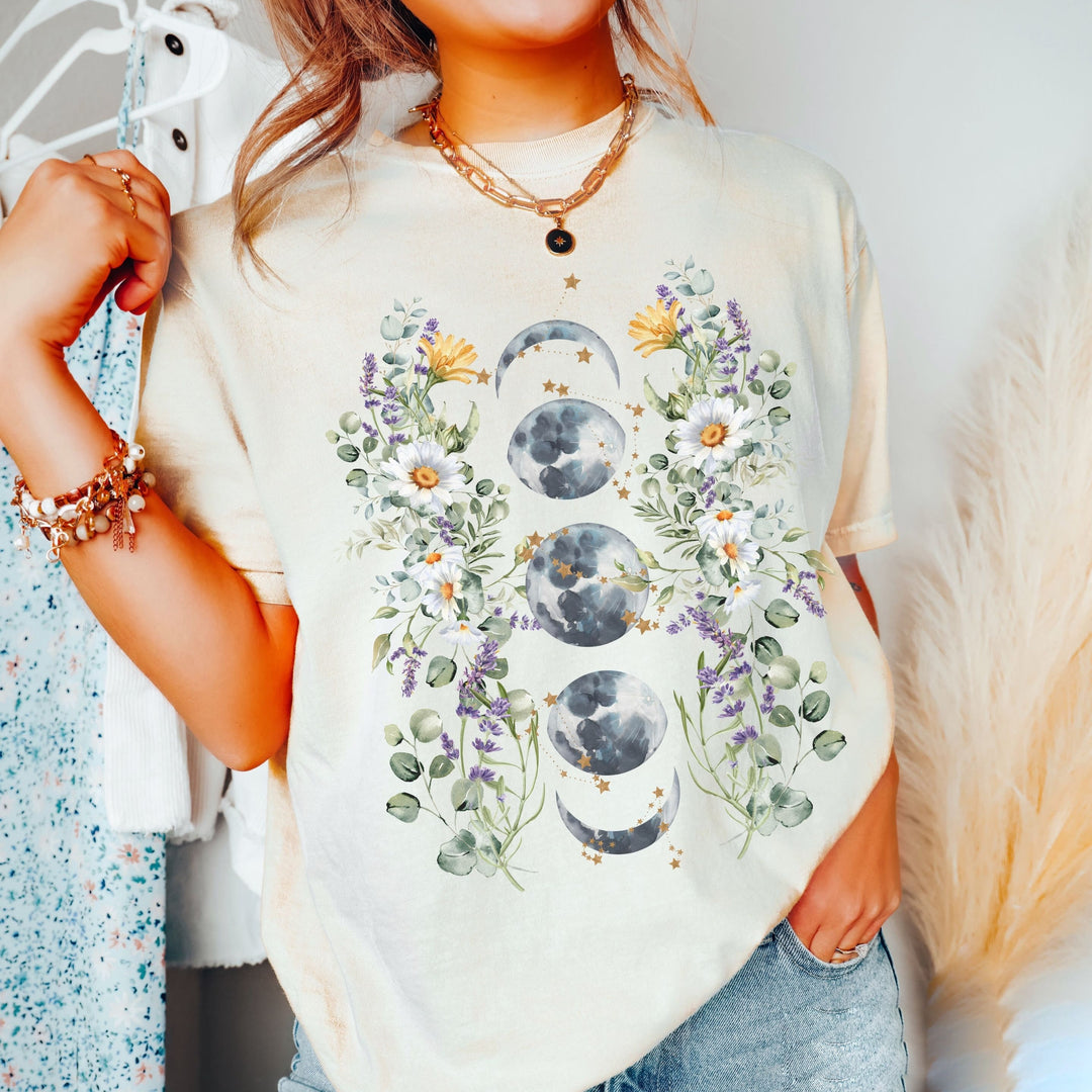 T-shirt comfort Olivenorma con stampa floreale celeste e fasi lunari - Bianco - 2XL - image 0