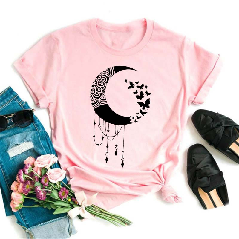 Maglietta rosa con stampa di loto luna nera in poliestere Olivenorma - Luna e farfalla - 2XL - image 8