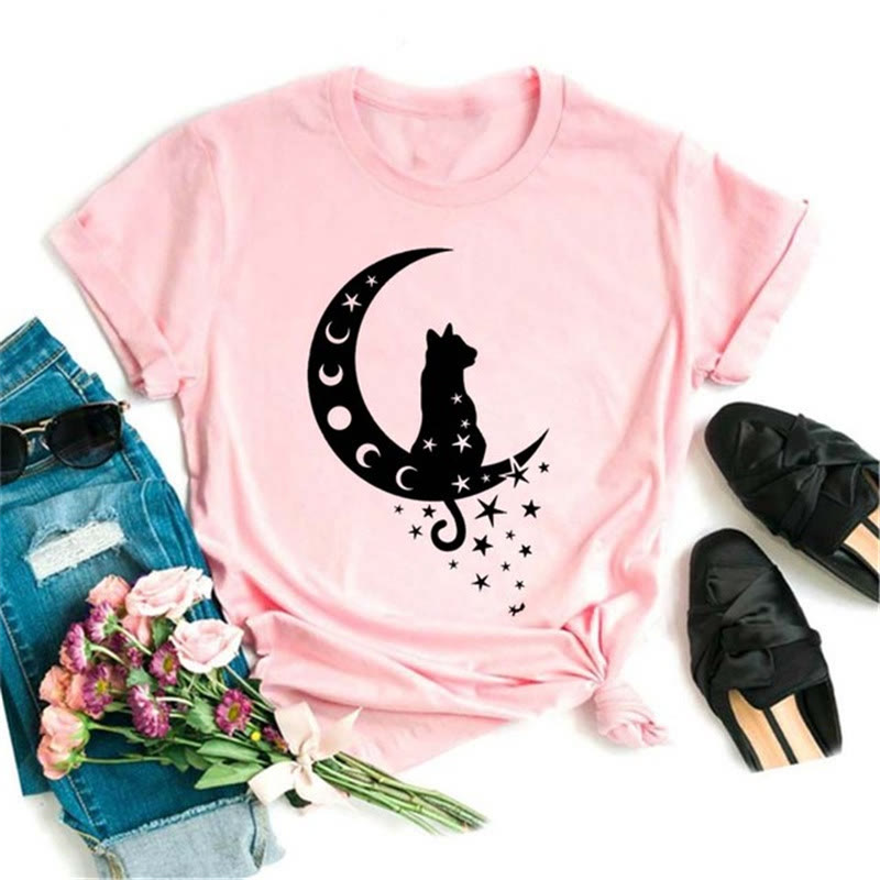 Maglietta rosa con stampa di loto luna nera in poliestere Olivenorma - Luna e gatto nero - 2XL - image 6