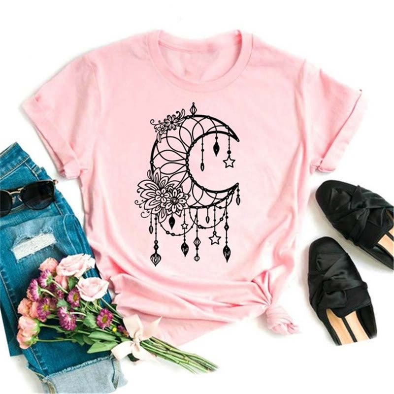 Maglietta rosa con stampa di loto luna nera in poliestere Olivenorma - Luna e fiori - 2XL - image 10