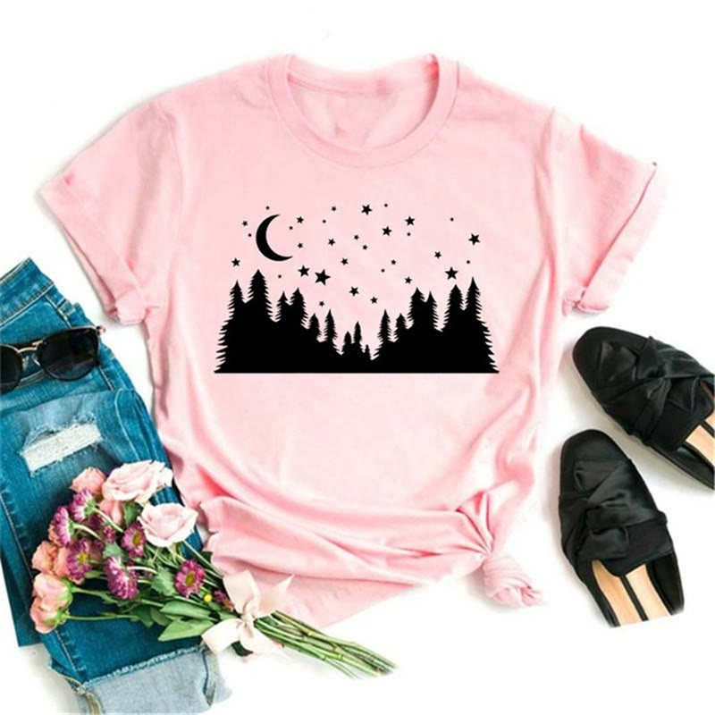 Maglietta rosa con stampa di loto luna nera in poliestere Olivenorma - Foresta e Luna - 2XL - image 12