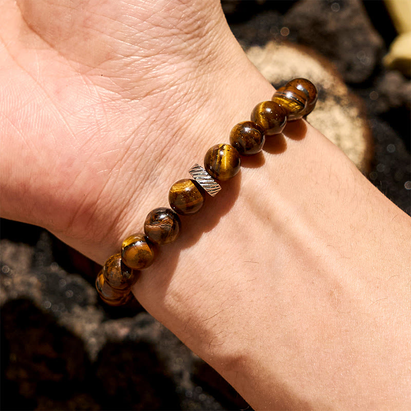 Bracciale con perline a cerchio in metallo con occhio di tigre naturale Olivenorma