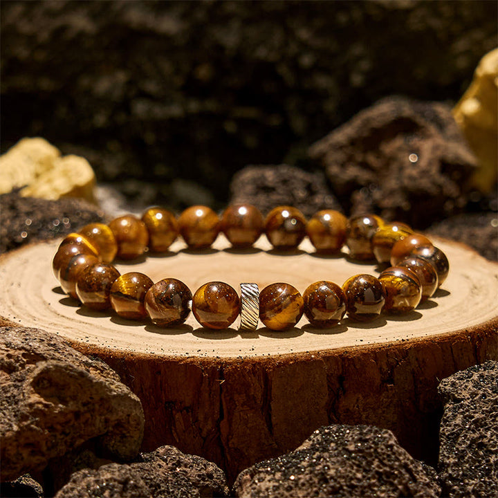 Bracciale con perline a cerchio in metallo con occhio di tigre naturale Olivenorma