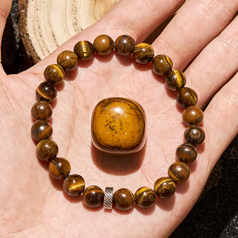 Bracciale con perline a cerchio in metallo con occhio di tigre naturale Olivenorma