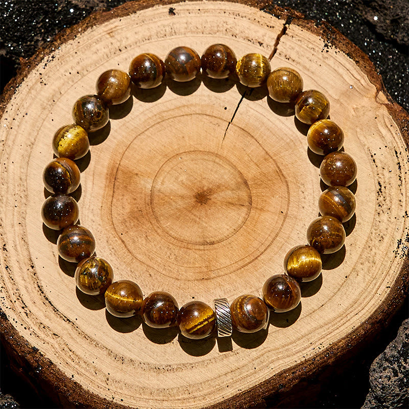 Bracciale con perline a cerchio in metallo con occhio di tigre naturale Olivenorma