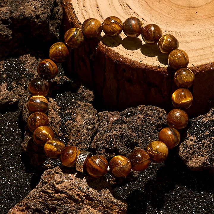 Bracciale con perline a cerchio in metallo con occhio di tigre naturale Olivenorma