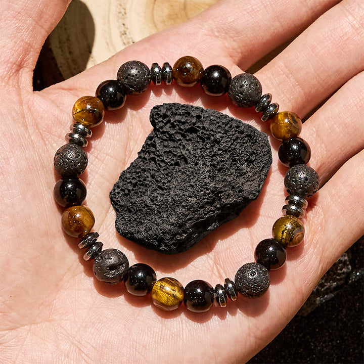 Bracciale con perline a rullo in ematite e ossidiana con occhio di tigre Olivenorma