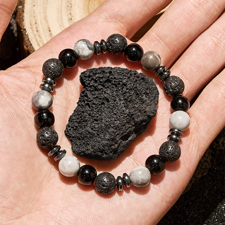 Bracciale con perline a rullo in ematite e ossidiana con occhio di tigre Olivenorma