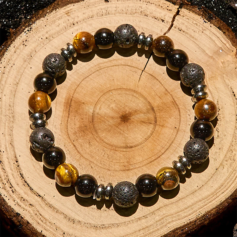 Bracciale con perline a rullo in ematite e ossidiana con occhio di tigre Olivenorma