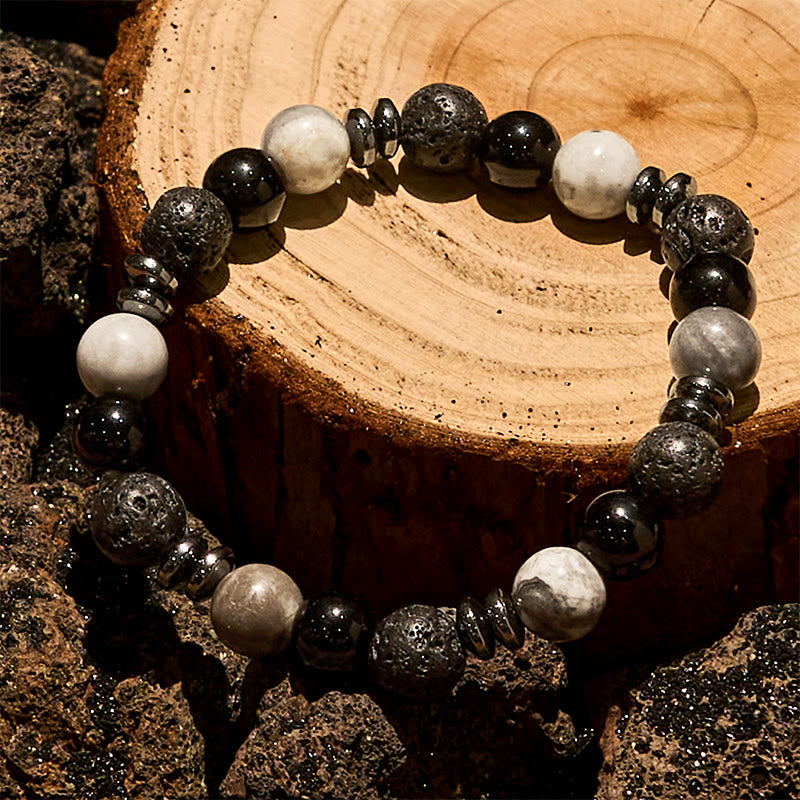 Bracciale con perline a rullo in ematite e ossidiana con occhio di tigre Olivenorma