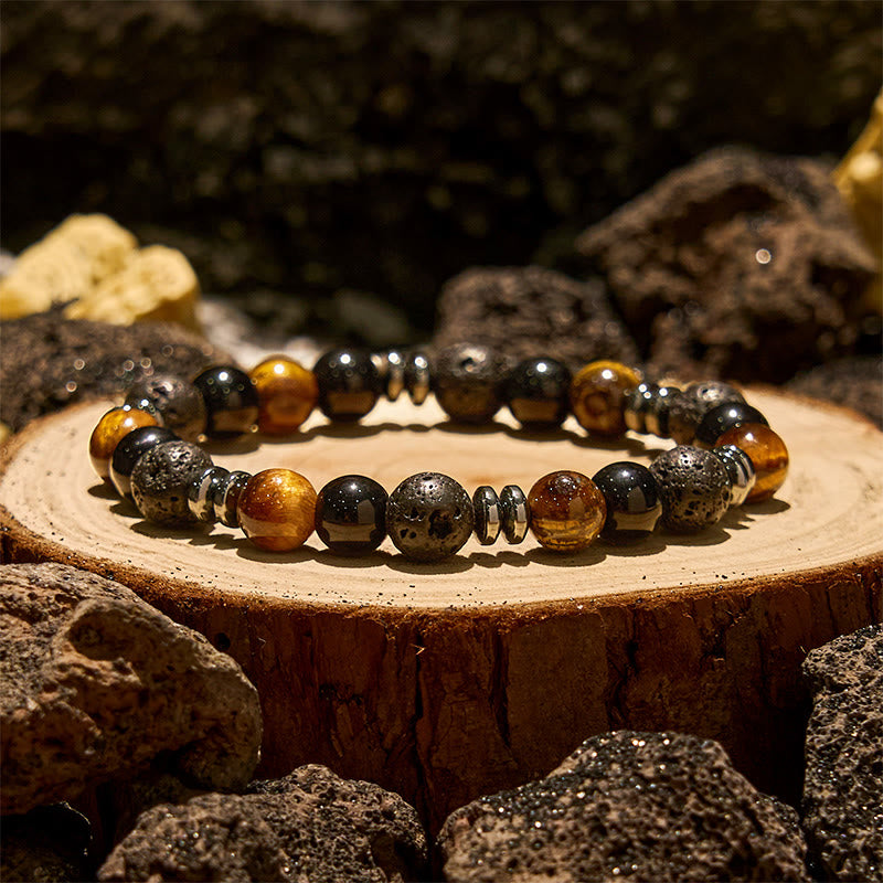 Bracciale con perline a rullo in ematite e ossidiana con occhio di tigre Olivenorma