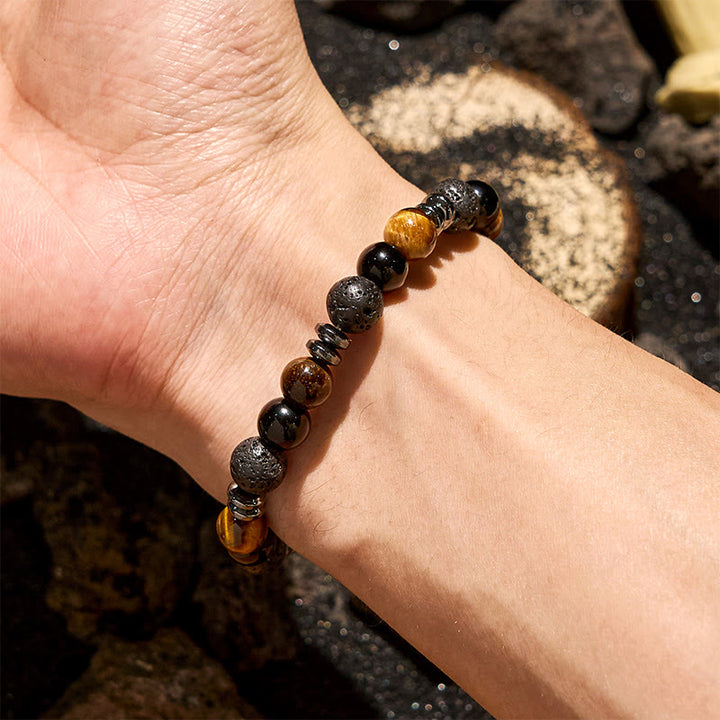 Bracciale con perline a rullo in ematite e ossidiana con occhio di tigre Olivenorma