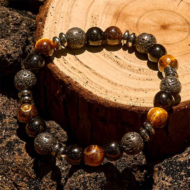 Bracciale con perline a rullo in ematite e ossidiana con occhio di tigre Olivenorma