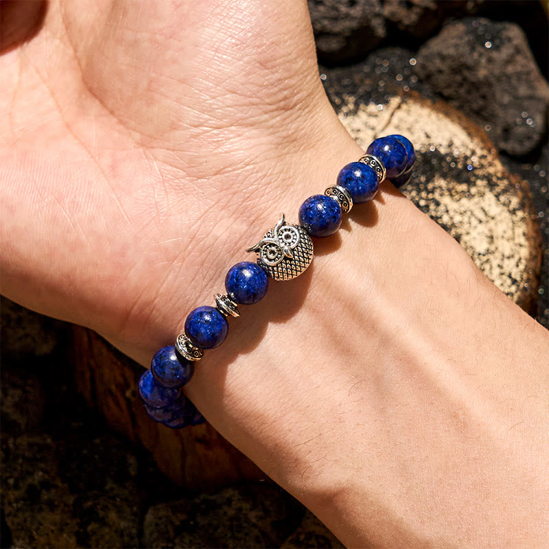 Bracciale Olivenorma con perline a forma di gufo in lapislazzuli naturale da 8 mm