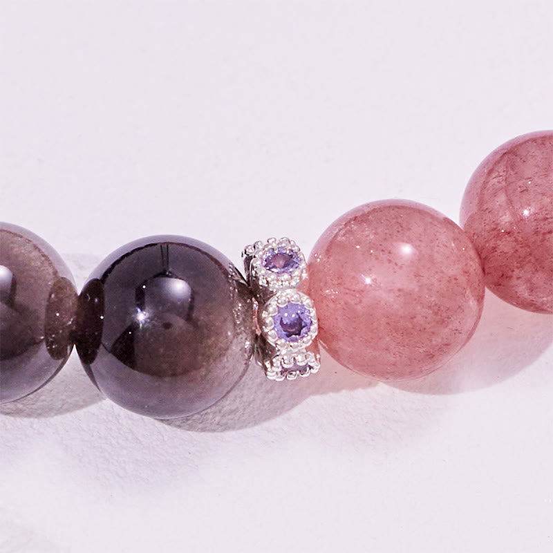 Bracciale Olivenorma con perline in quarzo fragola, argento e ossidiana