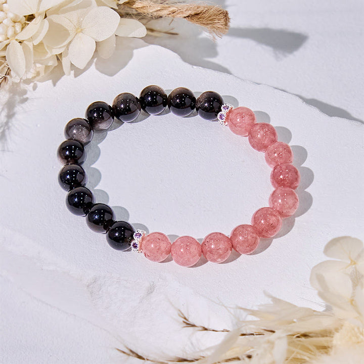 Bracciale Olivenorma con perline in quarzo fragola, argento e ossidiana