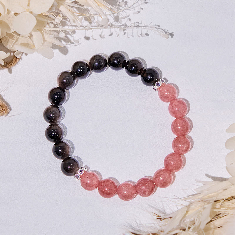 Bracciale Olivenorma con perline in quarzo fragola, argento e ossidiana