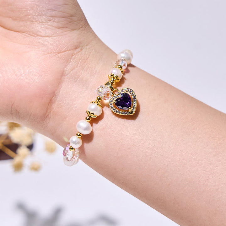 Bracciale Olivenorma con ciondolo a forma di cuore in ametista e perle d'acqua dolce