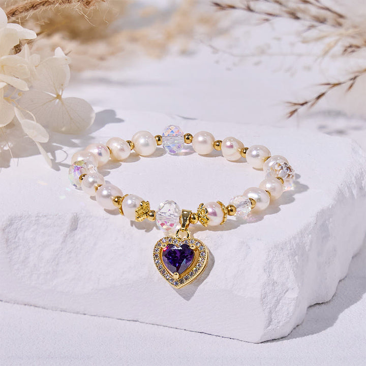 Bracciale Olivenorma con ciondolo a forma di cuore in ametista e perle d'acqua dolce