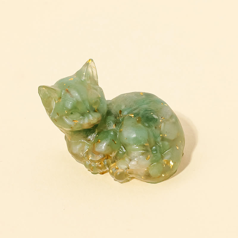 Olivenorma - Statuetta portafortuna in cristallo a forma di gattino, decorazione con pietre preziose - Avventurina verde - Posa 4 - image 9