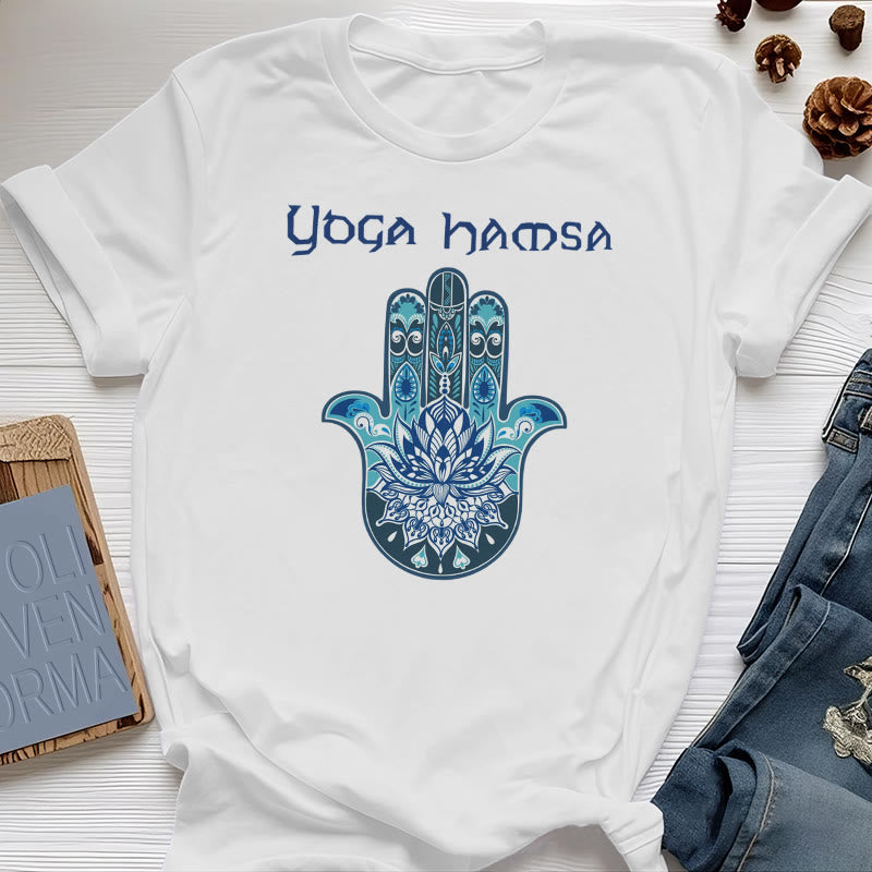 Olivenorma T-shirt comfort con stampa Hamsa Yoga blu - Bianco - 2XL - image 0
