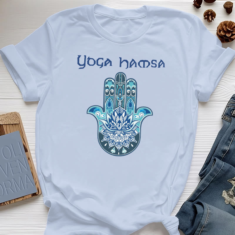 Olivenorma T-shirt comfort con stampa Hamsa Yoga blu