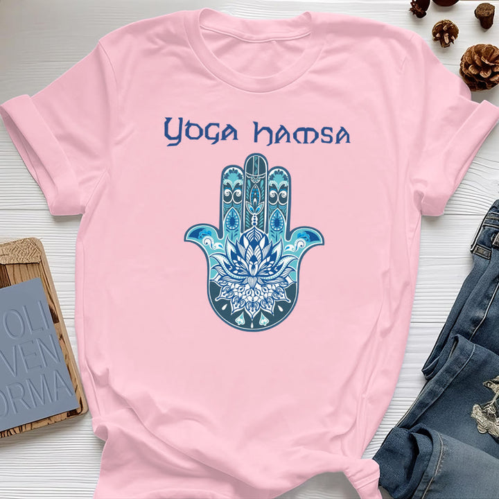 Olivenorma T-shirt comfort con stampa Hamsa Yoga blu