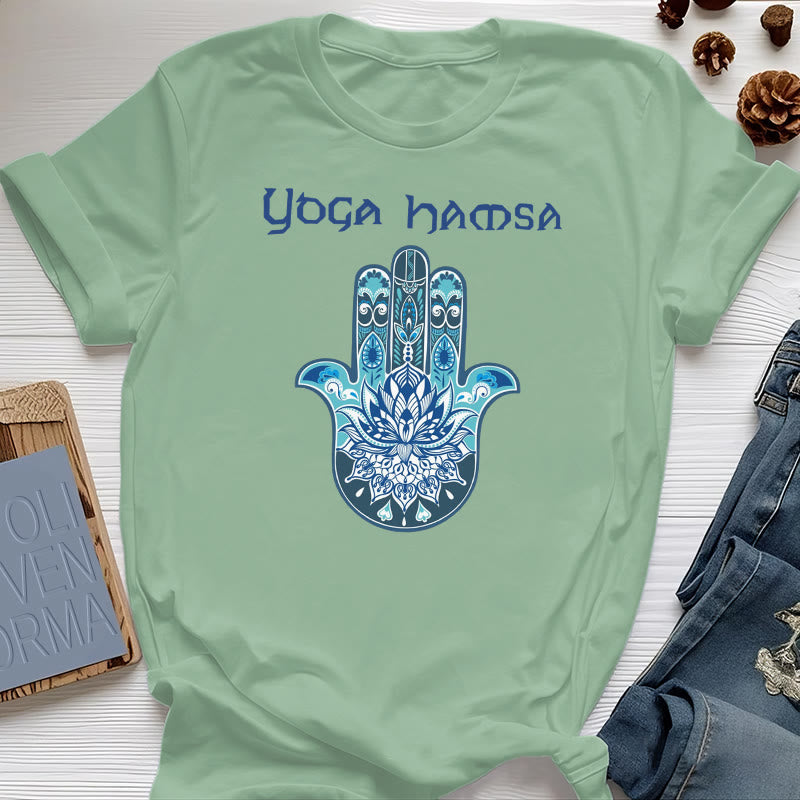 Olivenorma T-shirt comfort con stampa Hamsa Yoga blu