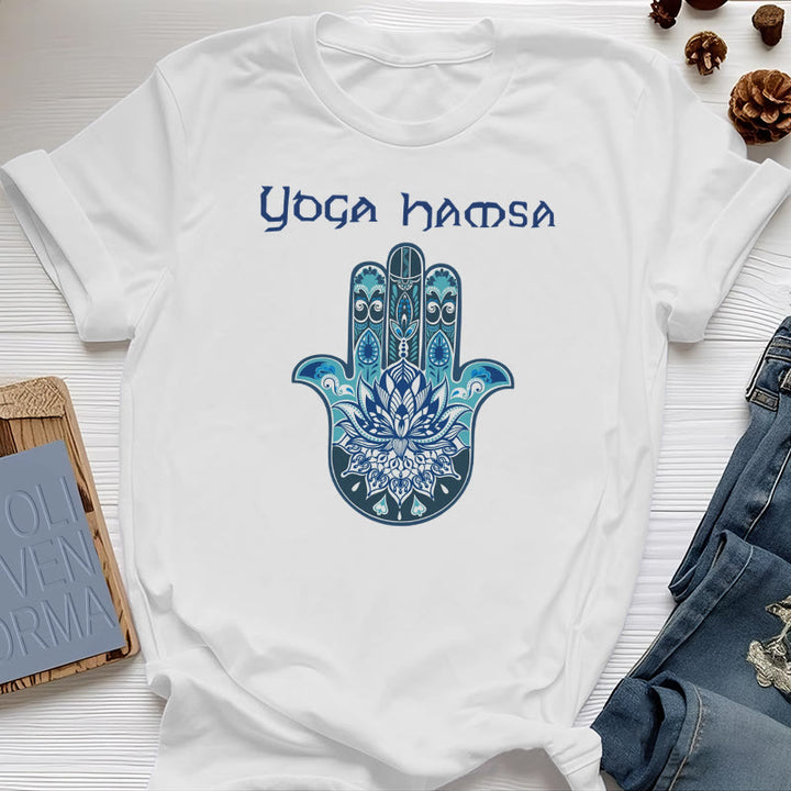 Olivenorma T-shirt comfort con stampa Hamsa Yoga blu
